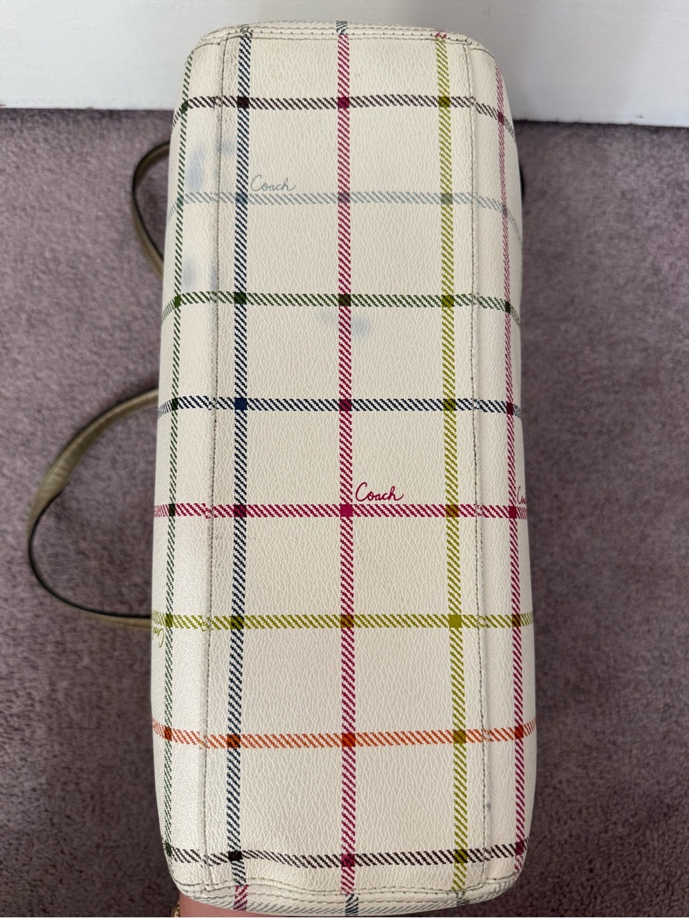 Coach Vintage Peyton Tattersall Tote cream and plaid design with gold detailing - Picture 7 of 16